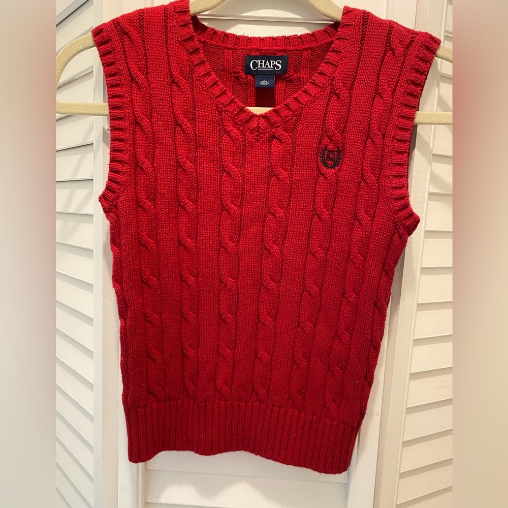CHAPS Ralph Lauren Polo Boy’s “Cable Knit Sweater Vest” Size 6 Red Logo EUC